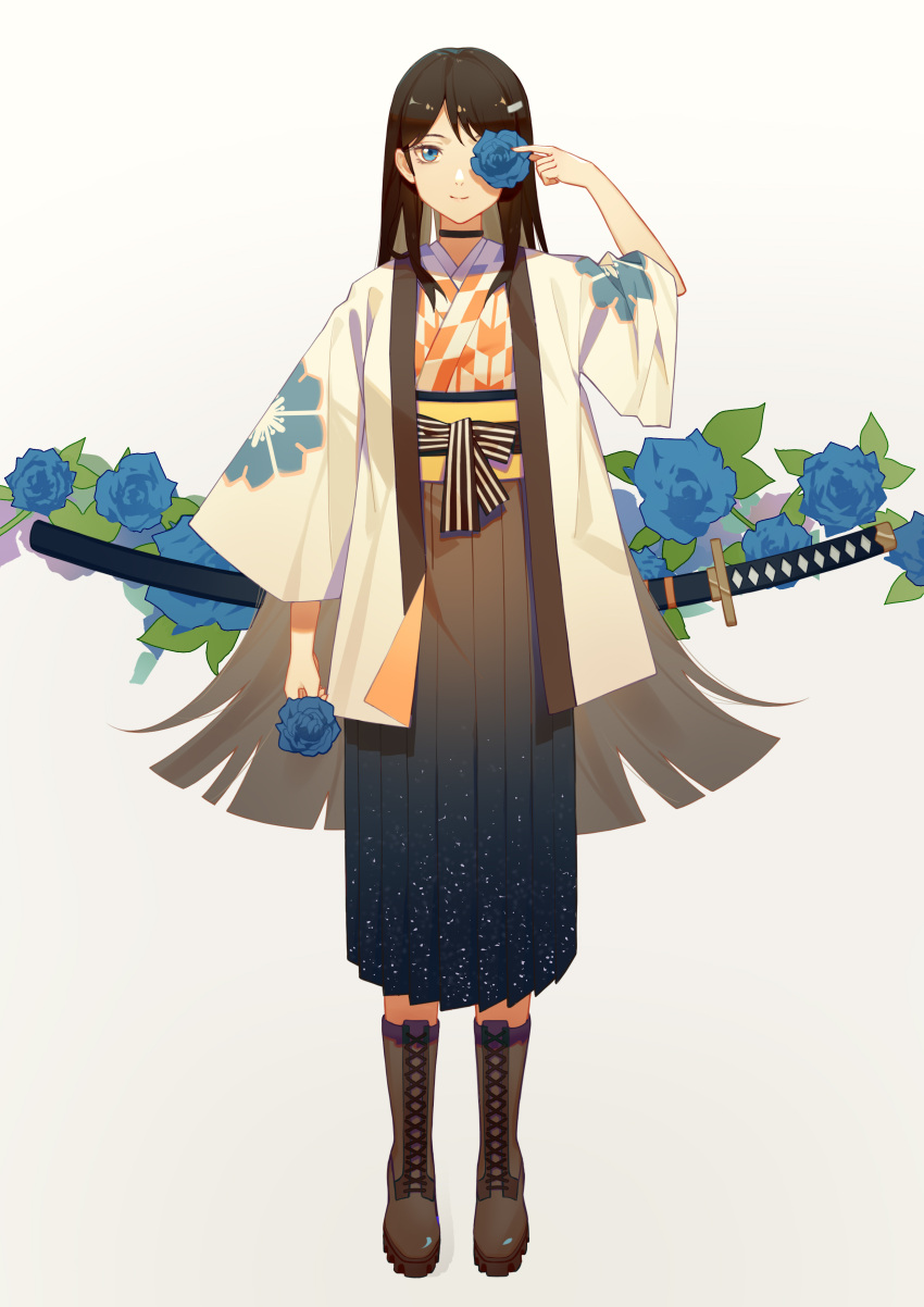 1girl absurdres arm_at_side black_choker black_skirt blue_eyes blue_flower boots brown_footwear brown_hair choker cross-laced_footwear floral_background floral_print flower full_body hair_ornament hairclip hand_up highres holding holding_flower japanese_clothes katana limao_jun long_hair looking_at_viewer sheath sheathed simple_background skirt solo standing sword weapon white_background