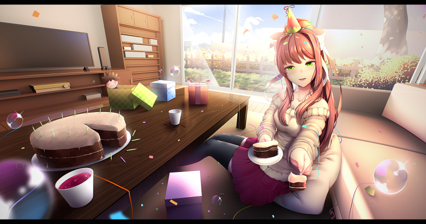 1girl 3d_background absurdres birthday birthday_cake black_legwear box brown_hair cake candle commentary commission confetti couch day doki_doki_literature_club doll english_commentary eyebrows_visible_through_hair food gift gift_box green_eyes hair_ribbon hat highres huge_filesize indoors letterboxed long_hair looking_at_viewer monika_(doki_doki_literature_club) off-shoulder_sweater outstretched_arm parted_lips party_hat pillow pleated_skirt ponytail ribbon sitting skirt slice_of_cake smile soap_bubbles solo sweater table thigh-highs tsukimaru white_ribbon window