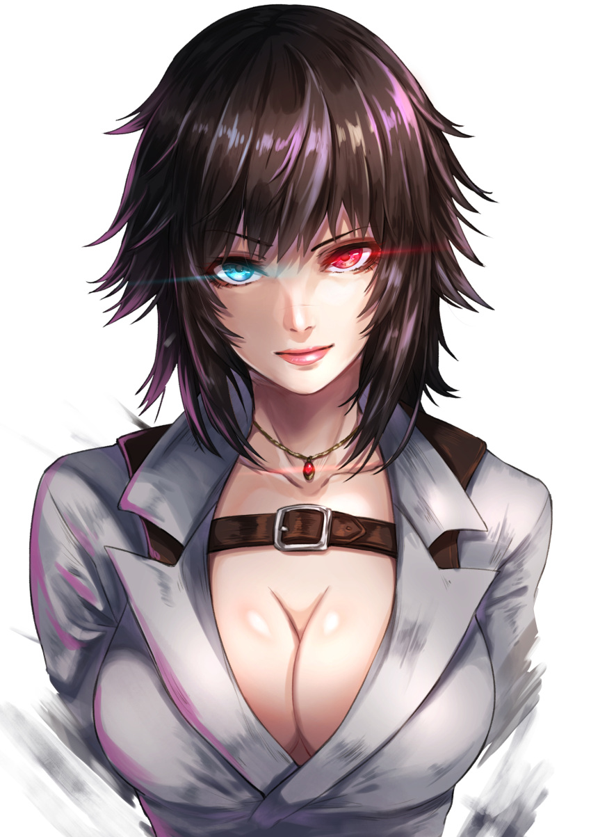 1girl absurdres bangs belt_buckle black_hair blue_eyes breasts buckle cleavage closed_mouth collarbone devil_may_cry devil_may_cry_4 glowing glowing_eyes heterochromia highres lady_(devil_may_cry) large_breasts looking_at_viewer medium_hair nose_scar pink_lips re_(re_09) red_eyes scar simple_background solo upper_body white_background