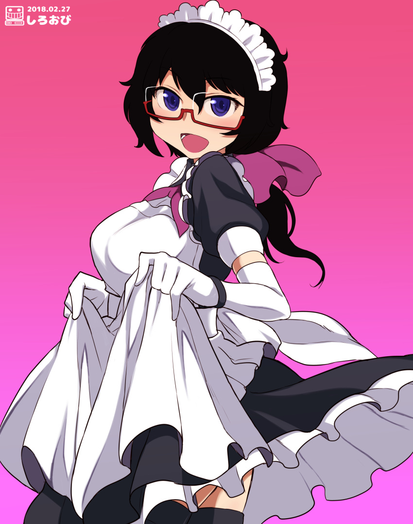 1girl :d alternate_costume apron artist_name black_dress black_eyes black_hair black_legwear commentary_request dated dress elbow_gloves enmaided frilled_dress frills from_side girls_und_panzer glasses gloves gradient gradient_background highres looking_at_viewer maid maid_apron maid_headdress medium_dress medium_hair messy_hair neck_ribbon open_mouth oryou_(girls_und_panzer) partial_commentary pink_background puffy_short_sleeves puffy_sleeves purple_background purple_neckwear red-framed_eyewear ribbon semi-rimless_eyewear shiroobi_(whitebeltmaster) short_ponytail short_sleeves skirt_hold smile solo standing thigh-highs under-rim_eyewear watermark white_apron white_gloves