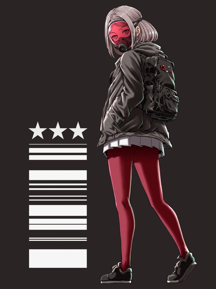 1girl absurdres backpack bag barcode gas_mask grey_background hands_in_pockets highres hood hood_down hooded_jacket jacket looking_at_viewer looking_back mask open_clothes open_jacket original pantyhose red_legwear shoes silver_hair skirt sneakers star ume_(yume_uta_da) walking
