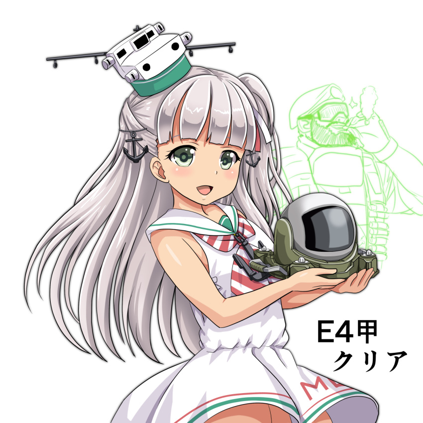 1boy 1girl anchor_hair_ornament beret blush character_request dress eyebrows_visible_through_hair gloves green_eyes grey_hair hair_ornament hat headgear highres kantai_collection long_dress long_hair maestrale_(kantai_collection) military military_hat military_uniform neckerchief open_mouth school_uniform side_ponytail simple_background smile smoke striped_neckwear tk8d32 uniform white_background