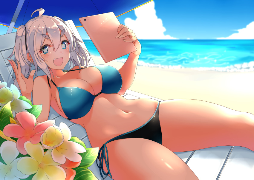 1girl :d absurdres ahoge bare_arms bare_shoulders beach beach_umbrella bikini black_bikini_bottom blue_bikini_top blue_eyes blue_ribbon blue_sky breasts chair cleavage clouds collarbone commentary_request eyebrows_visible_through_hair fingernails flower grey_hair hair_between_eyes hands_up highres holding horizon large_breasts leaf litty long_fingernails long_hair looking_at_viewer lounge_chair lying matsunoki_(unknown_751) mismatched_bikini navel ocean on_back open_mouth original outdoors pink_flower ribbon shiny shiny_hair shiny_skin side-tie_bikini sky smile solo star star-shaped_pupils stomach string_bikini sunlight swimsuit symbol-shaped_pupils tablet thick_eyebrows thighs twintails umbrella v-shaped_eyebrows water white_flower yellow_flower