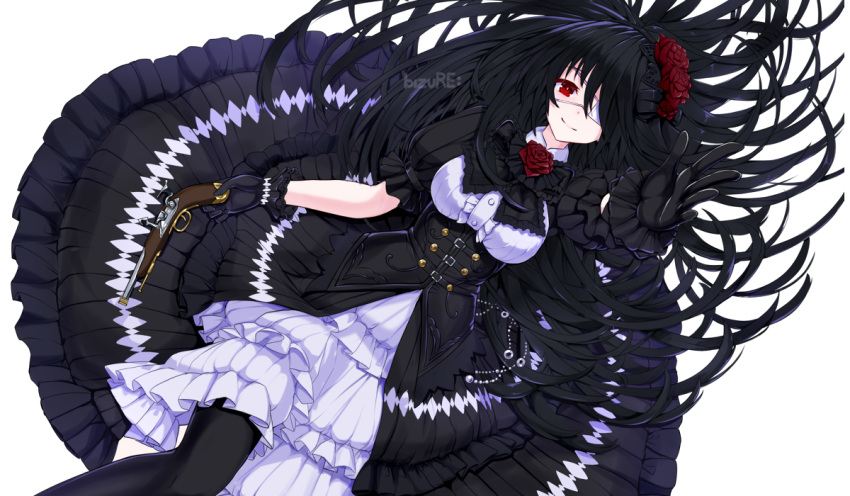 1girl bizure: black_gloves black_hair black_legwear date_a_live double-breasted dress eyepatch flower frilled_dress frills from_above gloves gothic_lolita gun hair_flower hair_ornament holding holding_gun holding_weapon lolita_fashion long_hair looking_at_viewer lying on_back puffy_short_sleeves puffy_sleeves reaching_out red_eyes red_flower red_rose rose short_sleeves simple_background smile solo tokisaki_kurumi very_long_hair weapon white_background