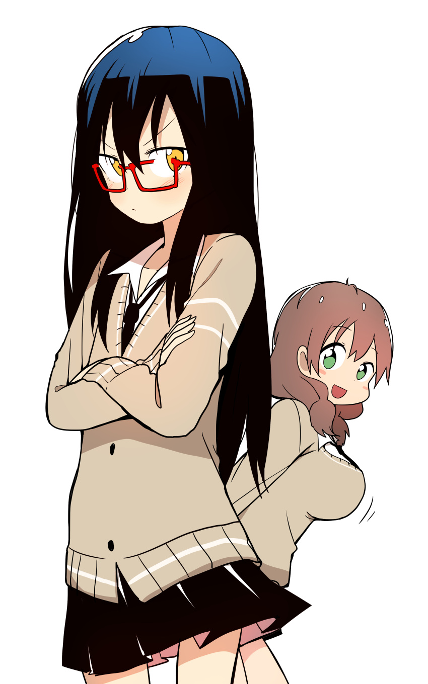 2girls absurdres black_hair black_skirt breasts brown_hair bural_chingu can't_be_this_cute cardigan crossed_arms glasses green_hair ham_na-bi highres ju_hyeon-mi large_breasts looking_at_viewer low_twintails luke_(dydansgur) multiple_girls necktie open_mouth ore_no_imouto_ga_konna_ni_kawaii_wake_ga_nai parody pleated_skirt red-framed_eyewear school_uniform skirt smile twintails vest yellow_eyes