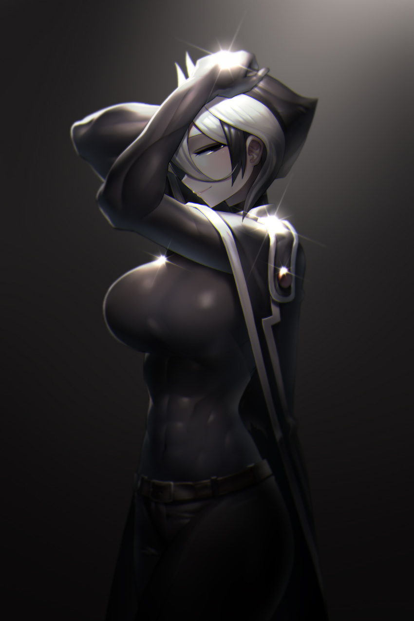 1girl abs arms_up belt belt_buckle black_background black_cape black_eyes black_gloves black_hair black_pants breasts buckle cape closed_mouth covered_navel cowboy_shot elbow_gloves glint gloves gradient gradient_background half-closed_eyes hands_on_own_head harau highres large_breasts made_in_abyss multicolored_hair ozen pants shirt short_hair skin_tight smile solo taut_clothes taut_shirt two-tone_hair white_hair