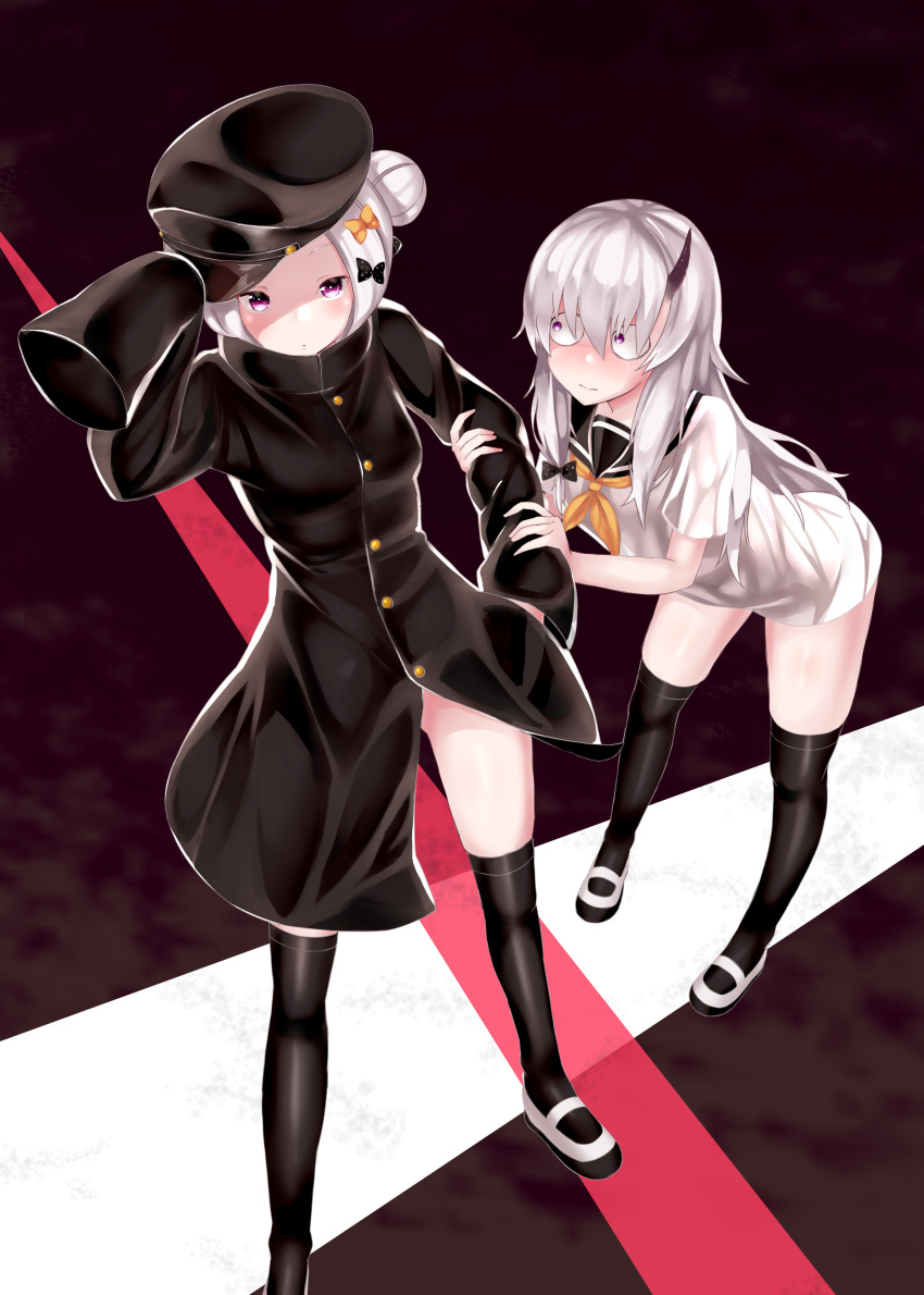 2girls abigail_williams_(fate/grand_order) absurdres arm_grab arm_up bangs black_bow black_hat black_jacket black_legwear black_sailor_collar blush bow closed_mouth commentary_request dress eyebrows_visible_through_hair fate/grand_order fate_(series) fingernails forehead hair_between_eyes hair_bow hair_bun hand_up hat highres horn jacket lavinia_whateley_(fate/grand_order) leaning_forward long_hair long_sleeves looking_at_another looking_at_viewer multiple_girls neckerchief orange_bow orange_neckwear parted_bangs peaked_cap pikunoma polka_dot polka_dot_bow sailor_collar sailor_dress shoes side_bun silver_hair sleeves_past_fingers sleeves_past_wrists standing thigh-highs uwabaki very_long_hair violet_eyes white_dress white_footwear wide-eyed