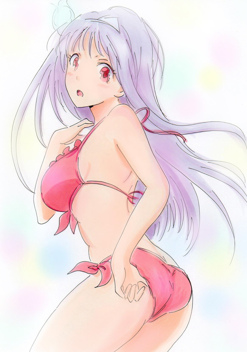 1girl adjusting_clothes adjusting_swimsuit ass bikini breasts ghost highres large_breasts long_hair looking_at_viewer marker_(medium) open_mouth potekite purple_bikini purple_hair red_eyes solo swimsuit traditional_media triangular_headpiece yunohana_yuuna yuragisou_no_yuuna-san