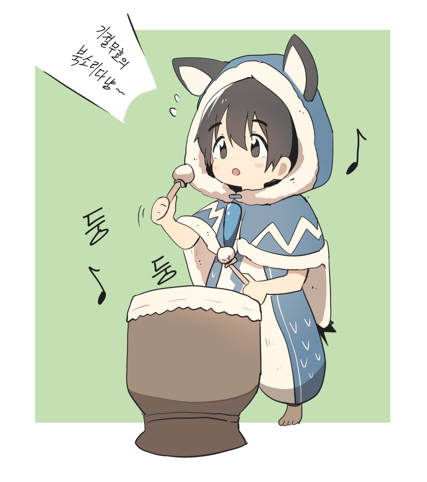 1girl absurdres animal_ears blush blush_stickers brown_eyes brown_hair bural_chingu chibi cloak drum drumsticks full_body highres hood instrument korean luke_(dydansgur) original seong_mi-na_(bural_chingu) short_hair