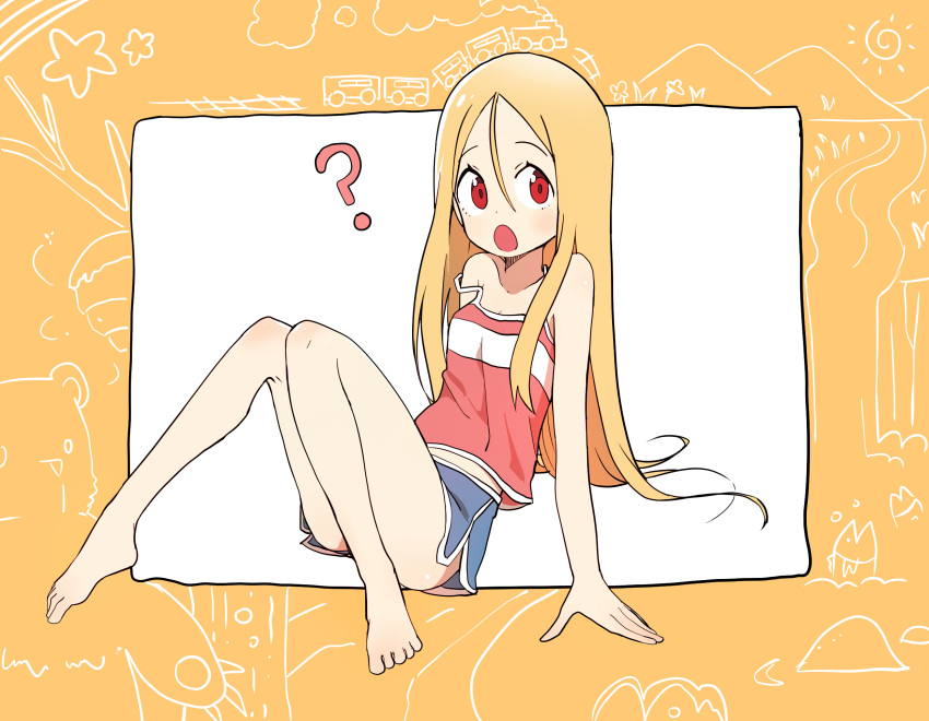 1girl ? barefoot blonde_hair blush bural_chingu highres lee_ji-min long_hair looking_at_viewer luke_(dydansgur) midriff open_mouth original red_eyes shorts tank_top