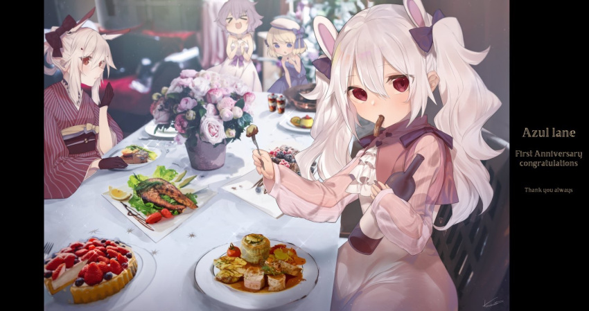 &gt;_&lt; 4girls :d animal_ears anniversary ayanami_(azur_lane) azur_lane bangs bare_arms bare_shoulders beret blue_dress blue_eyes blurry blurry_background bottle bow breasts brown_bow brown_gloves closed_eyes commentary_request copyright_name depth_of_field dress english eyebrows_visible_through_hair flower food_in_mouth food_request fork gloves hair_between_eyes hair_bow half_gloves halterneck hat head_tilt headgear holding holding_fork japanese_clothes javelin_(azur_lane) karinto_yamada kimono laffey_(azur_lane) light_brown_hair long_hair long_sleeves looking_at_viewer mouth_hold multiple_girls obi object_hug open_mouth parted_lips pink_dress pink_flower pink_rose purple_bow purple_hair rabbit_ears red_eyes red_kimono rose sash silver_hair sleeveless sleeveless_dress sleeves_past_wrists small_breasts smile striped table thank_you twintails vase vertical-striped_kimono vertical_stripes white_dress white_flower white_hat white_rose xd z23_(azur_lane)