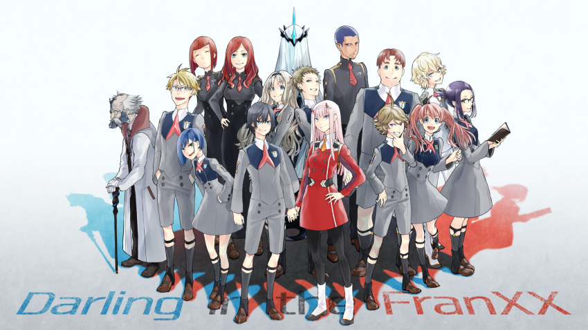 001_(darling_in_the_franxx) 6+boys 6+girls ahoge bangs black_hair black_legwear black_pants blonde_hair blue_eyes blue_hair blue_hairband blue_horns book boots breasts brown_footwear brown_hair cane closed_eyes coat commentary copyright_name darling_in_the_franxx dr._franxx dress english_commentary facial_hair from_behind futoshi_(darling_in_the_franxx) glasses gloves gorou_(darling_in_the_franxx) green_eyes grey_dress grey_shirt grey_shorts hachi_(darling_in_the_franxx) hair_ornament hairband hairclip hand_holding hand_on_hip hands_on_hips high_ponytail highres hiro_(darling_in_the_franxx) holding holding_book holding_cane horns ichigo_(darling_in_the_franxx) ikuno_(darling_in_the_franxx) interlocked_fingers kokoro_(darling_in_the_franxx) large_breasts light_blue_hair light_brown_hair long_coat long_hair long_sleeves looking_at_viewer medium_breasts miku_(darling_in_the_franxx) military military_uniform mitsuru_(darling_in_the_franxx) multiple_boys multiple_girls mustache nana_(darling_in_the_franxx) necktie nine_alpha oni_horns open_book orange_neckwear pants pantyhose pink_hair ponytail purple_hair purple_hairband red_dress red_horns red_neckwear redhead shirt shoes short_hair shorts small_breasts socks thick_eyebrows trulymoon twintails uniform violet_eyes white_coat white_footwear white_gloves white_hair white_hairband white_pants white_shirt yellow_eyes zero_two_(darling_in_the_franxx) zorome_(darling_in_the_franxx)
