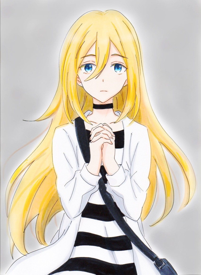 1girl bag black_choker blonde_hair blue_eyes choker grey_background hair_between_eyes hands_together highres interlocked_fingers long_hair looking_at_viewer marker_(medium) millipen_(medium) potekite rachel_gardner satchel satsuriku_no_tenshi shirt solo striped striped_shirt traditional_media very_long_hair