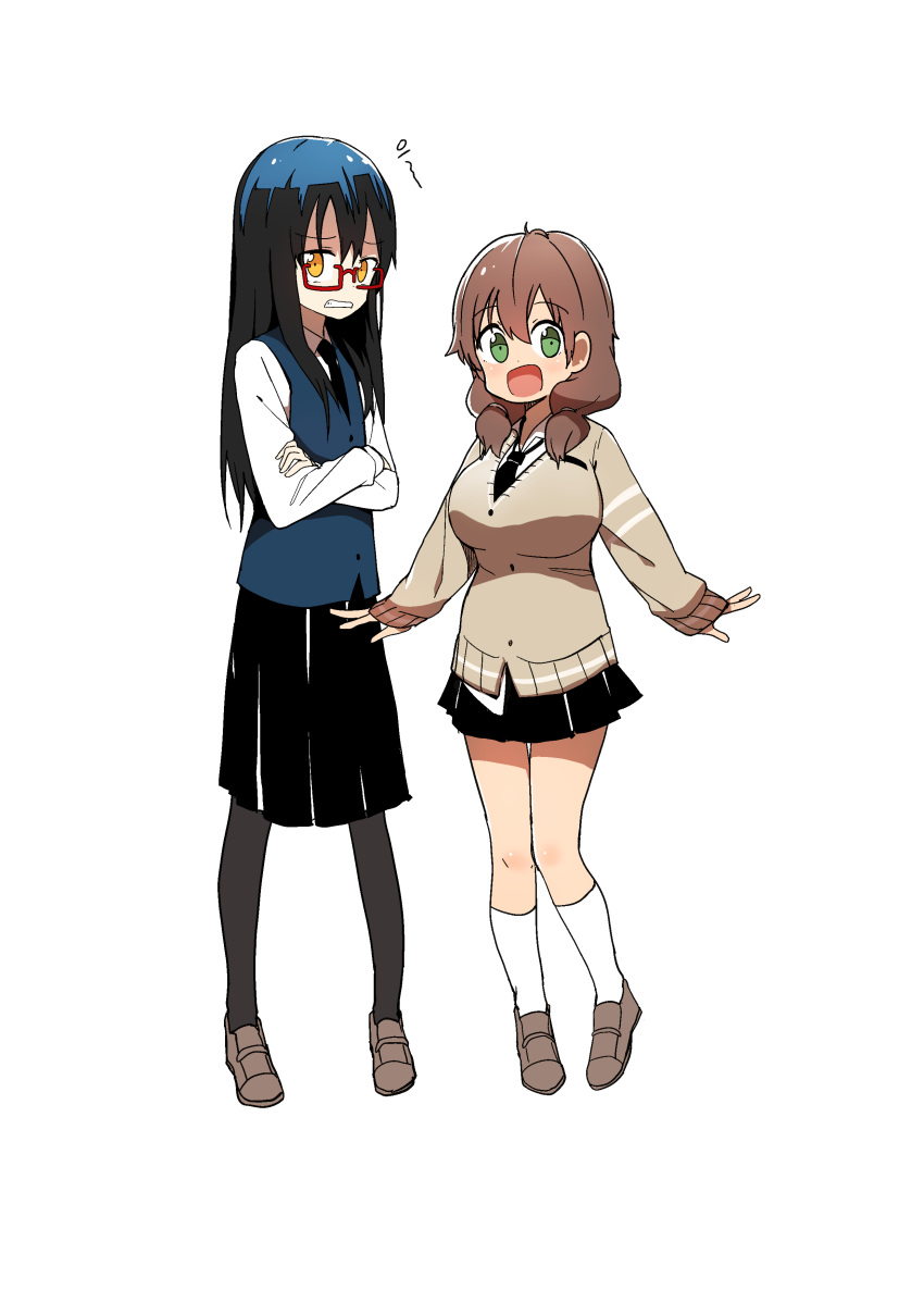 2girls absurdres black_hair black_legwear black_skirt breasts brown_hair bural_chingu cardigan crossed_arms glasses green_hair ham_na-bi highres huge_breasts ju_hyeon-mi looking_at_viewer low_twintails luke_(dydansgur) multiple_girls necktie open_mouth pantyhose pleated_skirt red-framed_eyewear school_uniform skirt smile twintails vest yellow_eyes