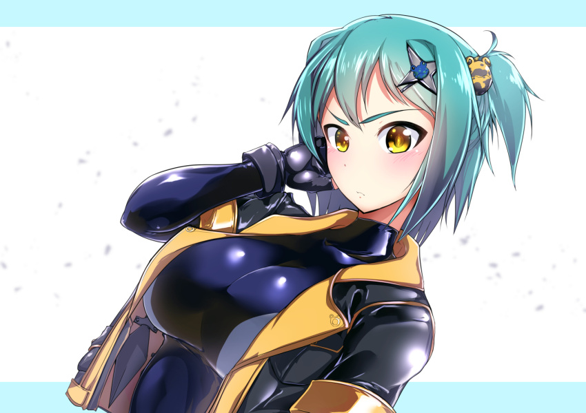 1girl aqua_hair bodysuit breasts fingerless_gloves frown gloves hand_on_own_cheek kunai large_breasts looking_at_viewer ninja original ryuu_tou shiny shiny_clothes short_hair shuriken_hair_ornament side_ponytail simple_background skin_tight vest weapon yellow_eyes