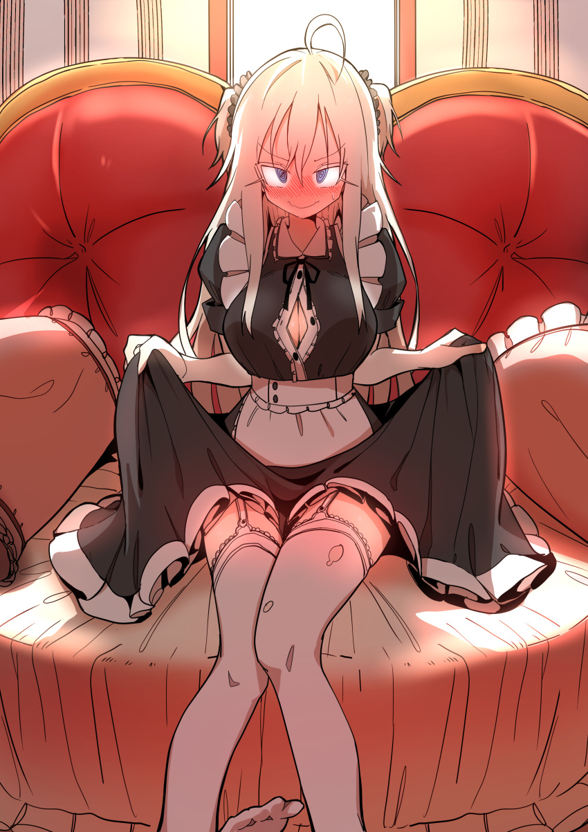 1girl @_@ absurdres ahoge blonde_hair blue_eyes blush breasts bural_chingu cleavage dress garter_straps highres large_breasts luke_(dydansgur) original park_no-a skirt_hold sweatdrop thigh-highs torn_clothes torn_thighhighs two_side_up wavy_mouth