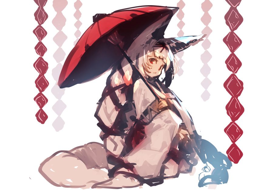 1girl :&lt; absurdres animal_ears bangs black_ribbon braid closed_mouth eyebrows_visible_through_hair fox_ears fox_girl fox_tail hair_ribbon head_tilt highres holding holding_umbrella japanese_clothes kimono long_hair long_sleeves oriental_umbrella original red_eyes red_umbrella ribbon seiza silver_hair sitting sketch solo tail twin_braids umbrella very_long_hair white_background white_kimono wide_sleeves yuuji_(yukimimi)