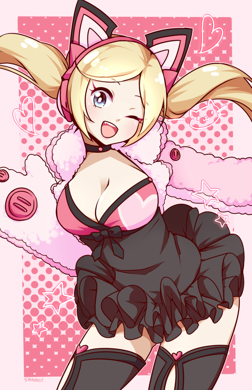 1girl ;d animal_ears black_legwear blonde_hair blue_eyes breasts cat_ear_headphones cat_ears cat_tail choker cleavage commentary english_commentary fang fur_trim gloves headphones highres long_hair lucky_chloe lyn_(shunao) medium_breasts namco one_eye_closed open_mouth paw_gloves paws pink_background smile solo tail tekken tekken_7 thigh-highs twintails zettai_ryouiki