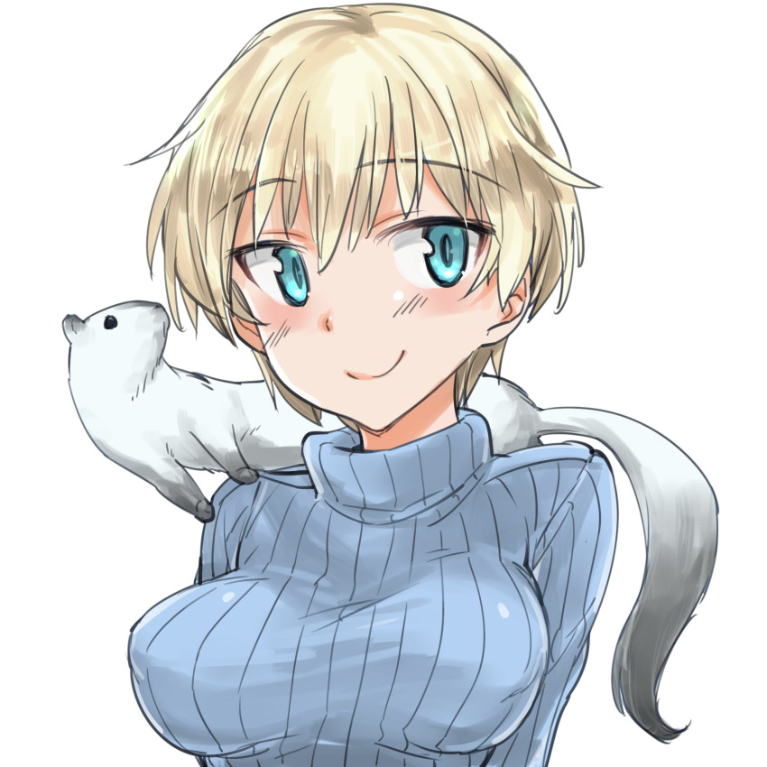 1girl aohashi_ame arms_behind_back bangs blonde_hair blue_eyes blue_sweater breasts closed_mouth commentary_request eyebrows_visible_through_hair highres looking_at_viewer medium_breasts nikka_edvardine_katajainen ribbed_sweater short_hair simple_background smile solo strike_witches sweater turtleneck turtleneck_sweater upper_body weasel white_background world_witches_series