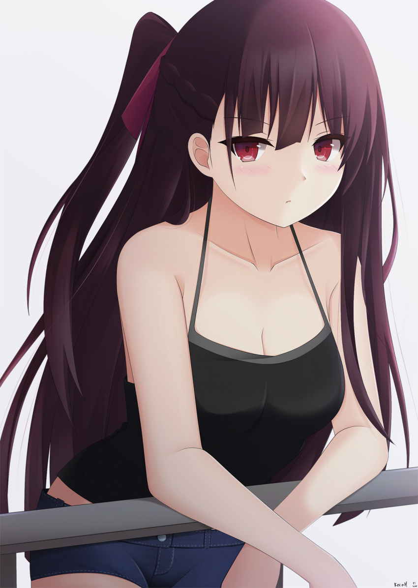 1girl alternate_costume bangs bare_shoulders black_singlet blue_shorts blush braid breasts casual cleavage closed_mouth collarbone denim denim_shorts eyebrows_visible_through_hair french_braid girls_frontline grey_background hair_ribbon highres keenh large_breasts leaning_on_rail long_hair looking_at_viewer one_side_up purple_hair red_eyes red_ribbon ribbon short_shorts shorts signature simple_background singlet solo tsurime very_long_hair wa2000_(girls_frontline)