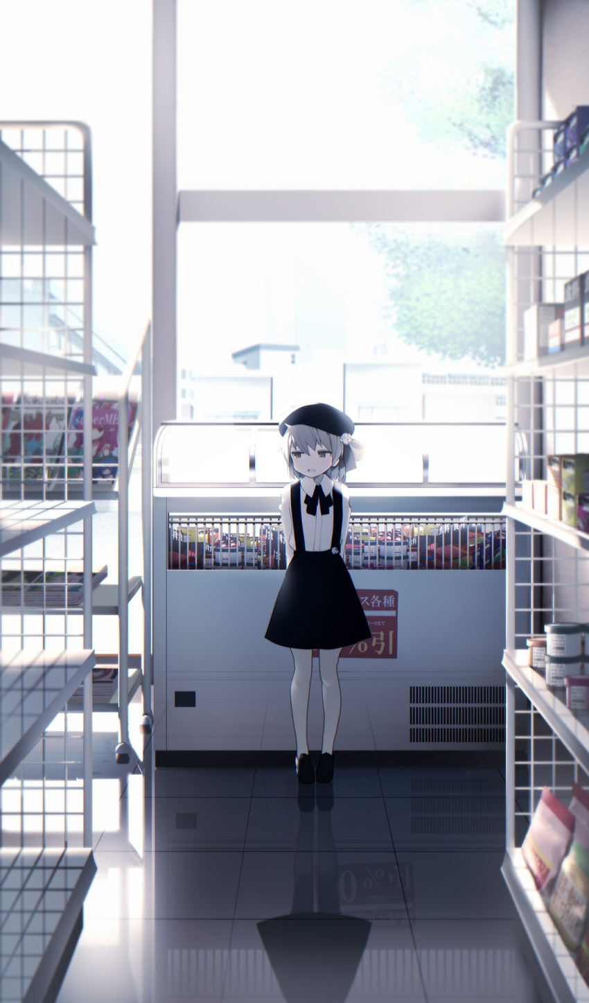 arms_behind_back beret black_skirt blouse convenience_store grey_eyes grey_hair harau hat hatoba_tsugu hatoba_tsugu_(character) highres looking_to_the_side mole mole_under_eye open_mouth reflective_floor shop skirt suspender_skirt suspenders virtual_youtuber white_blouse white_legwear