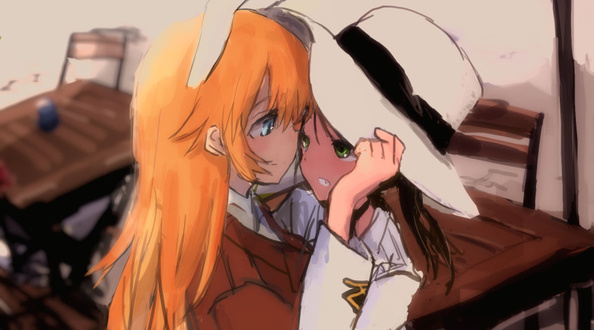 2girls animal_ears black_hair blue_eyes blurry chair charlotte_e_yeager depth_of_field desk eye_contact fang francesca_lucchini green_eyes hand_on_headwear hat highres kabuyama_kaigi long_hair looking_at_another military military_uniform multiple_girls orange_hair profile rabbit_ears sand sketch smile strike_witches uniform upper_body world_witches_series