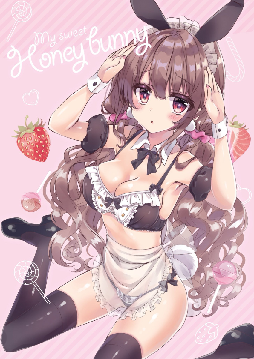 1girl animal_ears armband armpits arms_up bangs bare_shoulders black_legwear black_panties black_ribbon blush bow bow_panties bra breasts brown_hair bunny_pose candy chestnut_mouth commentary_request covered_navel curly_hair detached_collar eyebrows_visible_through_hair food frilled_bra frills fruit highres honoka_(1399871) lollipop looking_at_viewer maid maid_headdress medium_breasts neck_ribbon original panties rabbit_ears red_eyes ribbon ribbon_bra ringlets see-through side-tie_panties sitting solo strawberry thigh-highs tied_hair underwear wariza wing_collar wrist_cuffs