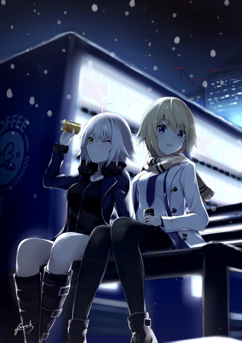 2girls :d ;/ bangs bee_doushi bench black_dress black_footwear black_legwear blonde_hair blush boots breasts brown_eyes brown_scarf building can canned_coffee closed_mouth coat collarbone commentary_request dress eyebrows_visible_through_hair fate/grand_order fate_(series) fringe glowing hair_between_eyes highres holding holding_can jacket jeanne_d'arc_(alter)_(fate) jeanne_d'arc_(fate) jeanne_d'arc_(fate)_(all) jewelry knee_boots medium_breasts multiple_girls necktie night night_sky on_bench one_eye_closed open_clothes open_coat open_mouth outdoors pantyhose park_bench pendant purple_jacket purple_neckwear purple_skirt scarf shirt short_hair signature silver_hair sitting skirt sky skyscraper smile snow snowing star_(sky) starry_sky vending_machine violet_eyes white_coat white_shirt wicked_dragon_witch_ver._shinjuku_1999 winter winter_clothes winter_coat