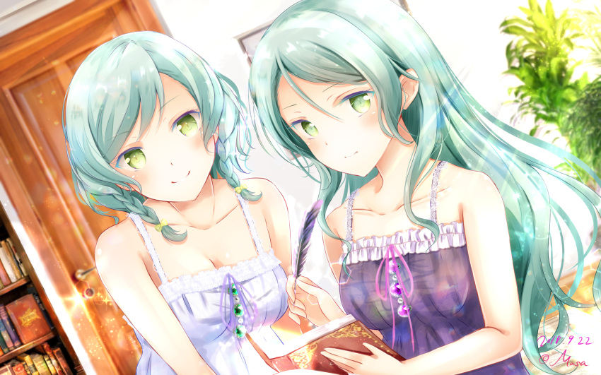 2018 2girls aqua_hair artist_name bang_dream! bangs bare_arms book bookshelf bow breasts cleavage closed_mouth collarbone commentary_request dated door eyebrows_visible_through_hair green_eyes hair_bow hand_up highres hikawa_hina hikawa_sayo holding holding_book holding_quill indoors long_hair looking_at_viewer masa_(mirage77) multiple_girls nightgown partial_commentary plant purple_nightgown quill short_hair siblings side_braids sisters smile twins upper_body wallpaper white_nightgown yellow_bow