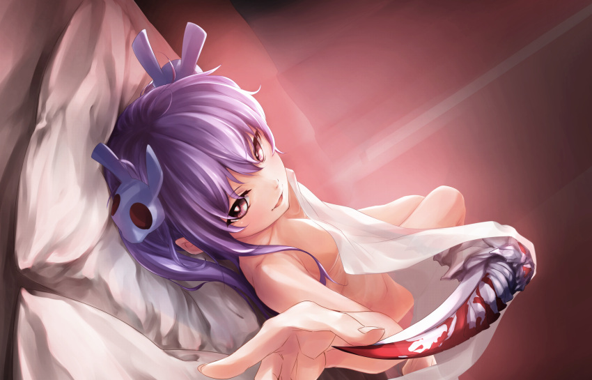 1girl bare_shoulders bed bed_sheet blood bloody_weapon breasts bunny_hair_ornament hair_ornament highres indoors long_hair looking_at_viewer lying memento_(sennen_sensou_aigis) on_back open_mouth pi_(pnipippi) pillow purple_hair revision scythe sennen_sensou_aigis skull_hair_ornament small_breasts smile solo twintails underwear violet_eyes weapon