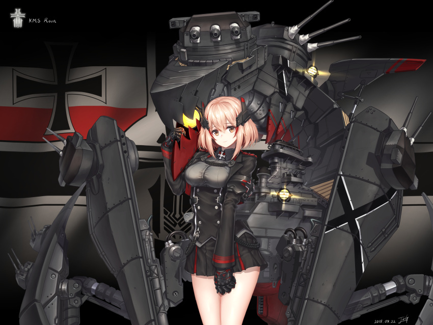 1girl absurdres azur_lane baek_hyang bangs banner black_jacket black_skirt blonde_hair blush breasts brown_eyes cannon character_name collared_jacket corset cowboy_shot dated eyebrows_visible_through_hair flag framed_breasts hair_between_eyes hand_up headgear highres iron_cross jacket large_breasts long_sleeves looking_at_viewer machinery mechanical_hands multicolored_hair pleated_skirt redhead rigging roon_(azur_lane) searchlight shirt short_hair sidelocks signature skirt smile solo streaked_hair taut_clothes turret