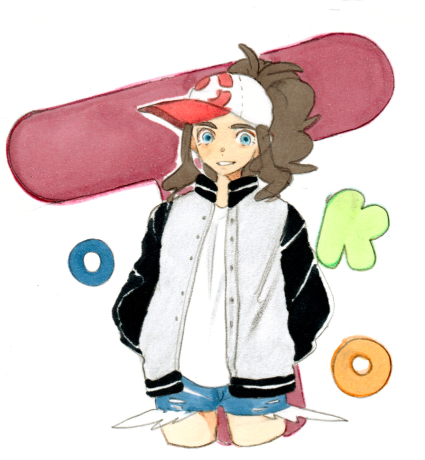 1girl baseball_cap blue_eyes brown_hair canari commentary_request creatures_(company) denim denim_shorts game_freak hat highres jacket long_hair looking_at_viewer nintendo poke_ball_symbol pokemon pokemon_(game) pokemon_bw ponytail shorts smile solo touko_(pokemon)