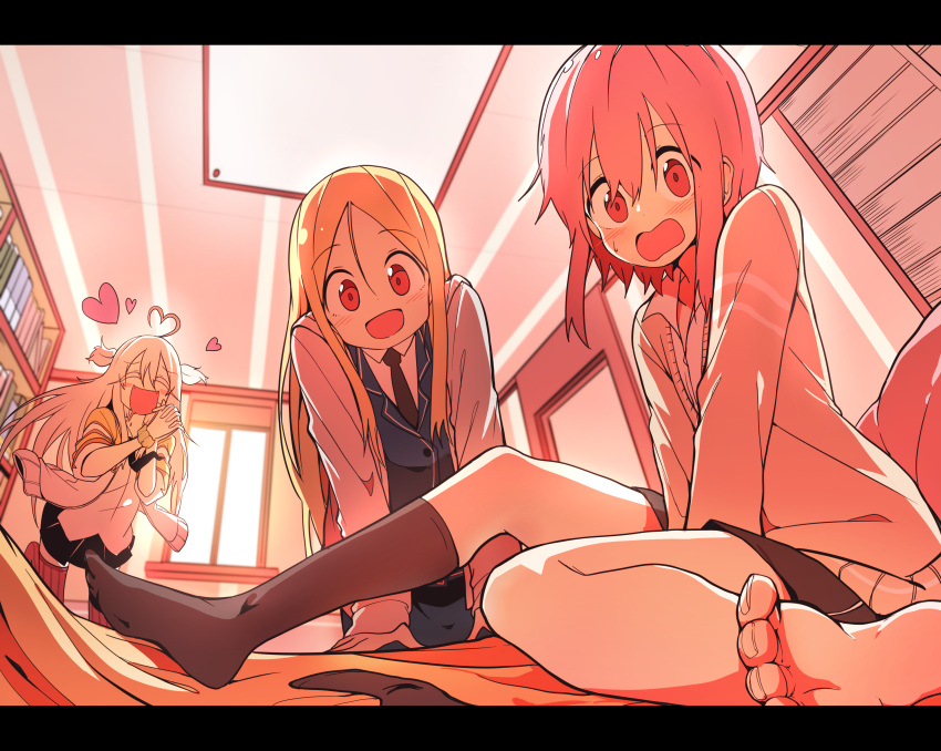 3girls absurdres black_legwear blush bural_chingu cardigan fangs feet from_below highres lee_ji-eun_(bural_chingu) lee_ji-min looking_at_viewer luke_(dydansgur) multiple_girls necktie open_mouth original park_no-a pov red_legwear school_uniform shirt single_sock skirt smile socks thigh-highs vest