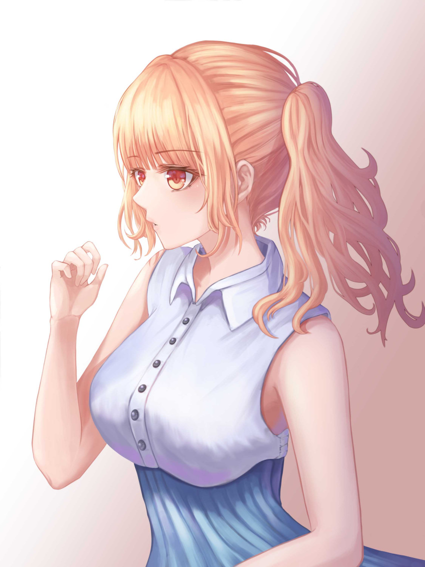 1girl absurdres blonde_hair brown_eyes eyebrows_visible_through_hair gradient gradient_background hand_up highres long_hair nani_(goodrich) original parted_lips ponytail sidelocks simple_background solo standing upper_body