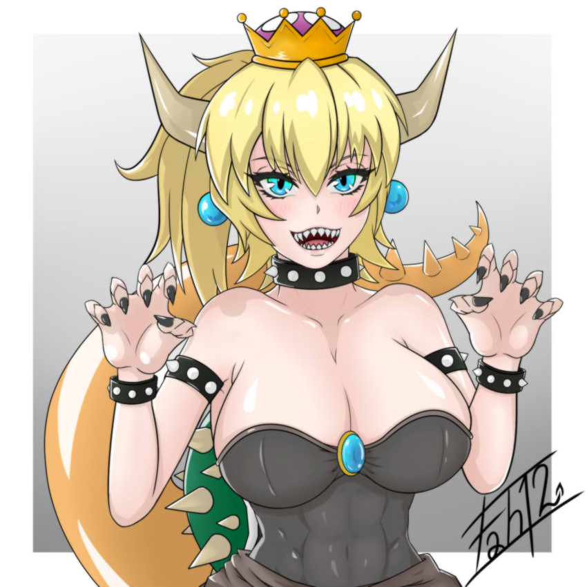 1girl aqua_eyes armlet artist_request bare_shoulders black_dress black_nails blonde_hair bowser bowsette bracelet breasts cleavage collar crown dress earrings genderswap genderswap_(mtf) hair_between_eyes highres horns jewelry super_mario_bros. new_super_mario_bros._u_deluxe nintendo ponytail sharp_teeth slit_eyes solo spiked_armlet spiked_bracelet spiked_collar spiked_shell spikes super_crown super_mario_bros. tail teeth