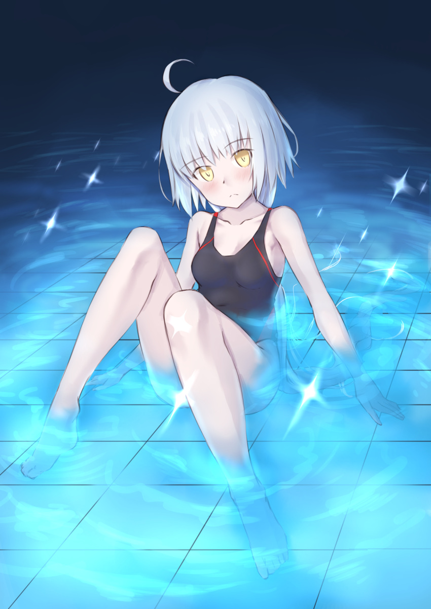 1girl ahoge bangs bare_arms bare_legs bare_shoulders barefoot black_swimsuit blush closed_mouth commentary_request eyebrows_visible_through_hair fate/grand_order fate_(series) head_tilt highres jeanne_d'arc_(fate)_(all) jeanne_d'arc_alter_santa_lily jilu long_hair one-piece_swimsuit partially_submerged silver_hair sitting solo sparkle swimsuit very_long_hair water yellow_eyes
