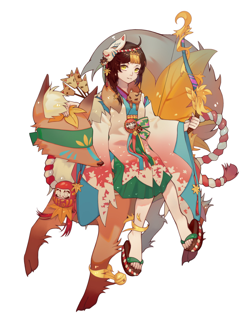 1girl absurdres ahoge animal_ear_fluff arrow bell blindfold bow_(weapon) braid brown_hair daruma_doll green_skirt highres japanese_clothes jingle_bell limao_jun mask miketsu_(onmyoji) miko onmyoji quiver sandals skirt solo standing weapon white_background wide_sleeves yellow_eyes