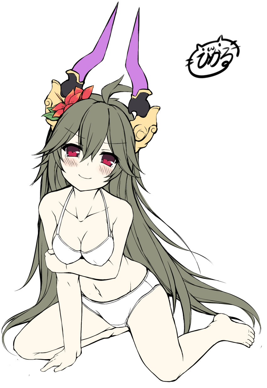 &gt;:) 1girl ahoge arm_support arm_under_breasts bare_arms bare_legs bare_shoulders barefoot blush bra breast_hold breasts brown_hair cleavage closed_mouth collarbone commentary_request flower granblue_fantasy hair_flower hair_ornament head_tilt highres horns long_hair looking_at_viewer medium_breasts navel panties red_eyes red_flower sakuraba_hikaru_(loveindog) signature simple_background smile solo thalatha_(granblue_fantasy) underwear underwear_only v-shaped_eyebrows very_long_hair white_background white_bra white_panties