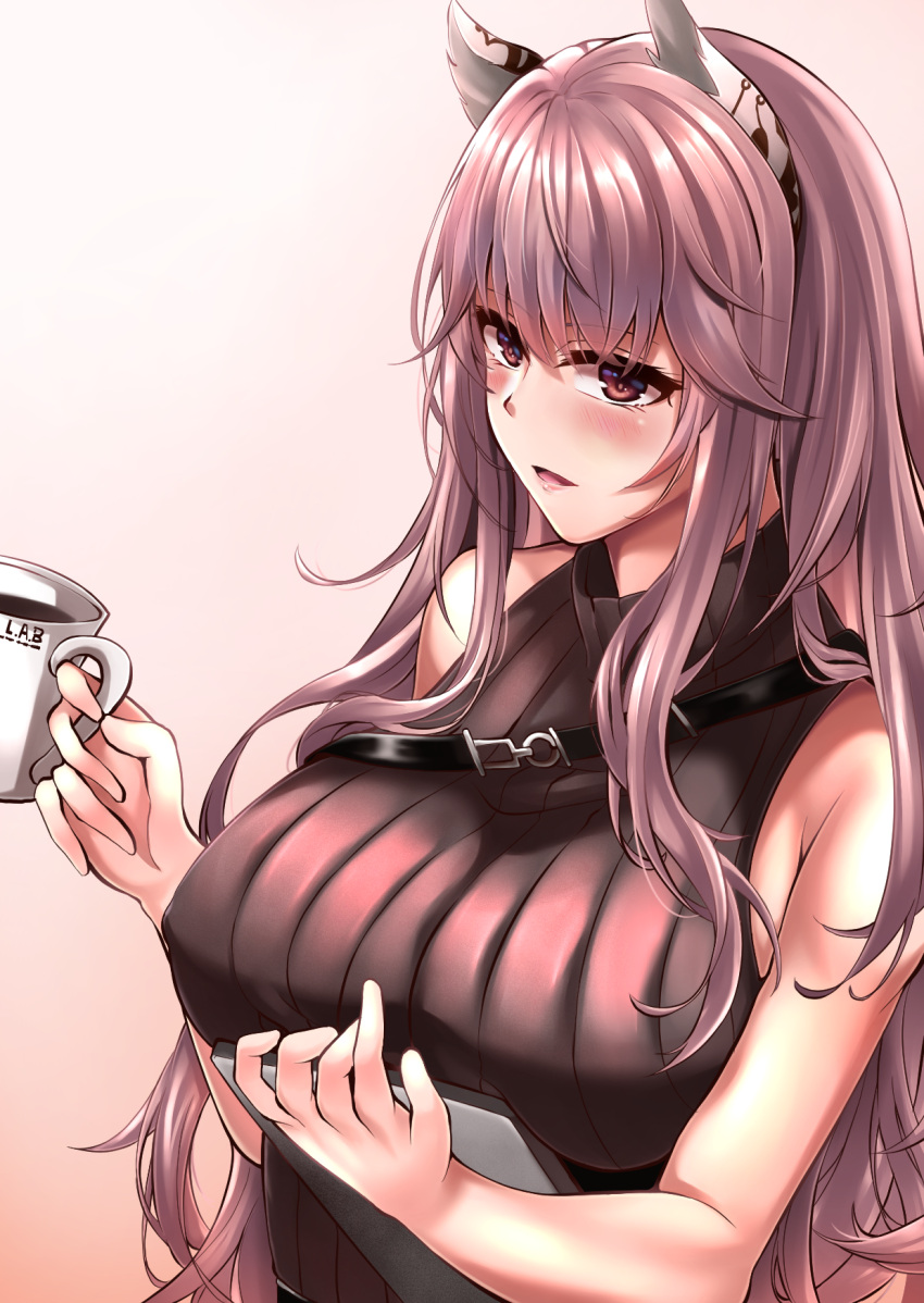 1girl animal_ear_fluff animal_ears bangs blush breasts brown_sweater_vest coffee_cup cup disposable_cup eyebrows_visible_through_hair girls_frontline highres holding holding_cup holding_notepad large_breasts lips long_hair looking_at_viewer notepad open_mouth persica_(girls'_frontline) pink_eyes pink_hair simple_background solo sweater_vest upper_body xlscaler