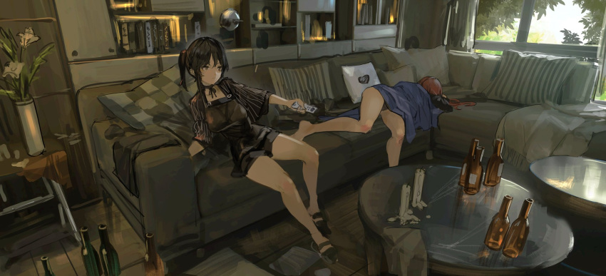 2girls beer_bottle coffee_table controller couch cushion dress highres indoors multiple_girls original remote_control renatus.z sleeping