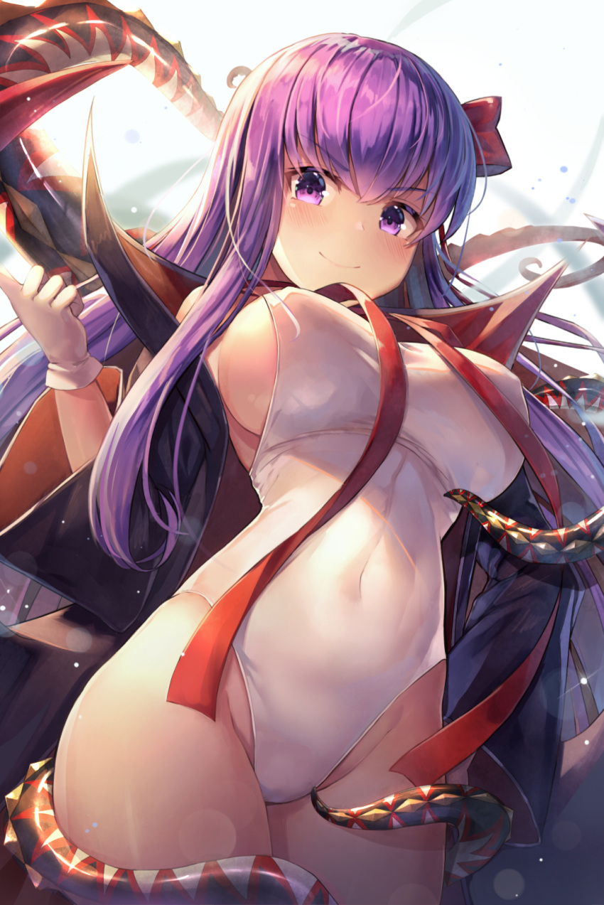 1girl bangs bare_shoulders bb_(fate)_(all) bb_(fate/extra_ccc) bb_(swimsuit_mooncancer)_(fate) black_coat blush breasts cleavage closed_mouth commentary covered_navel covered_nipples cowboy_shot curvy eyebrows_visible_through_hair fate/grand_order fate_(series) gloves groin hair_ribbon hand_up highres large_breasts leotard long_hair looking_at_viewer motokonut neck_ribbon off_shoulder one-piece_swimsuit popped_collar purple_hair red_ribbon ribbon sideboob sidelocks smile solo star swimsuit taut_clothes taut_swimsuit tentacle thighs vampire_costume very_long_hair violet_eyes white_gloves white_leotard white_swimsuit wide_sleeves