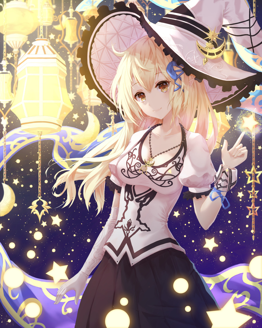 1girl absurdres blonde_hair breasts brown_eyes cleavage collarbone cowboy_shot crescent crescent_necklace elbow_gloves gloves hair_ribbon hat head_tilt highres index_finger_raised jewelry keis_(locrian1357) lantern light_particles long_hair looking_at_viewer necklace night original puffy_short_sleeves puffy_sleeves ribbon short_sleeves single_elbow_glove single_glove smile solo star witch witch_hat wrist_cuffs