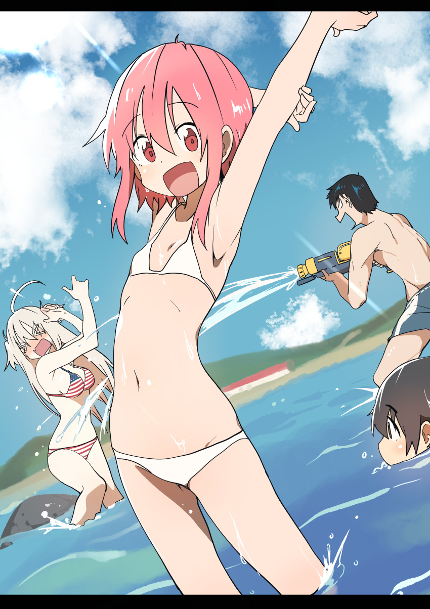 &gt;_&lt; 1boy 3girls absurdres ahoge american_flag_bikini bikini blonde_hair blush breasts bural_chingu fang female_swimwear flag_print flat_chest highres kang_min-cheol large_breasts lee_ji-eun_(bural_chingu) looking_at_viewer luke_(dydansgur) male_swimwear multiple_girls park_no-a seong_mi-na_(bural_chingu) smile swim_trunks swimsuit two_side_up wading water water_gun wet white_bikini