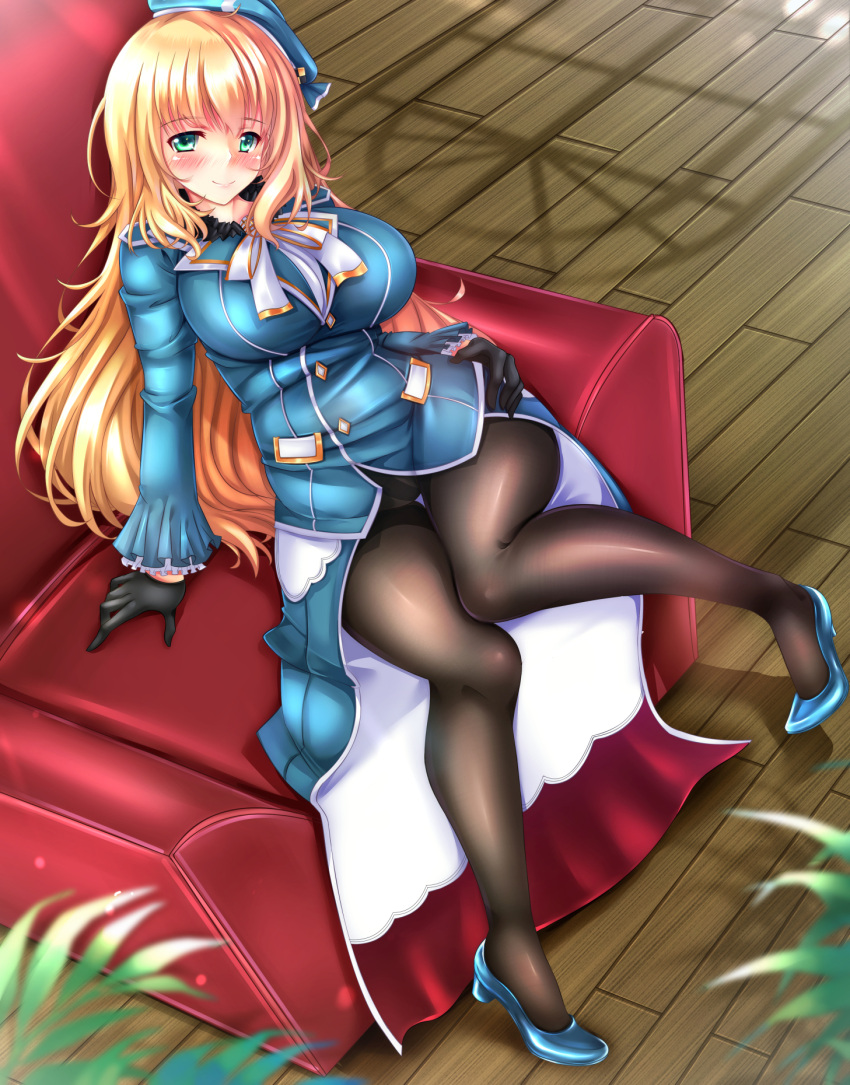 1girl atago_(kantai_collection) beret black_gloves black_legwear blonde_hair blue_hat blush breasts couch eyebrows_visible_through_hair from_above gloves green_eyes hair_between_eyes hand_on_hip hat high_heels highres indoors kantai_collection large_breasts long_hair long_sleeves looking_at_viewer looking_up military military_uniform panties panties_under_pantyhose pantyhose plant shadow siki2046 sitting smile solo underwear uniform