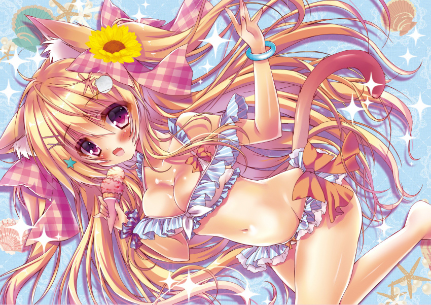 1girl absurdres animal_ear_fluff animal_ears arms_up bare_legs bare_shoulders bikini bikini_day blonde_hair blue_bikini blush bow bow_bikini bracelet breasts cat_ears cat_girl cat_tail cleavage commentary_request fang flower food frilled_bikini frilled_straps frills front-tie_bikini front-tie_top hair_between_eyes hair_bow hair_flower hair_ornament hair_ribbon hairclip highres holding holding_food honoka_(1399871) ice_cream ice_cream_cone jewelry long_hair looking_at_viewer medium_breasts navel off_shoulder open_mouth orange_bow original pinky_out red_bow ribbon seashell_hair_ornament sidelocks smile solo sparkle star star_hair_ornament sunflower_hair_ornament swimsuit tail two_side_up very_long_hair violet_eyes wavy_hair