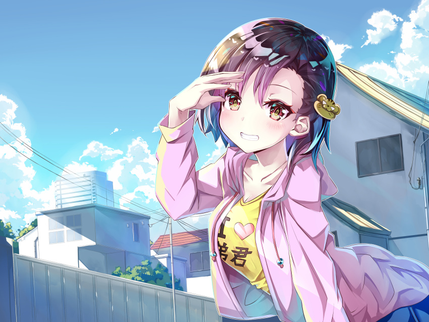 1girl absurdres black_hair blue_hair blue_sky blush brown_eyes building clouds day fence gradient_hair hand_up highres jacket leaning_forward multicolored_hair original parted_lips pink_hair pink_jacket power_lines sho_(runatic_moon) sky smile solo standing tiger_hair_ornament