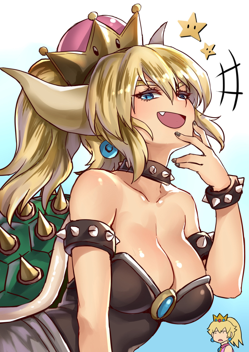 :d absurdres black_dress black_nails blonde_hair blue_eyes bowser bowsette bracelet breasts cleavage collar collarbone crown dress earrings eyebrows fang fingers_to_chin genderswap genderswap_(mtf) hair_between_eyes highres horns jewelry kaorihero large_breasts super_mario_bros. md5_mismatch nail_polish naughty_face nintendo open_mouth ponytail princess_peach shell shiny shiny_skin smile smug spiked_bracelet spiked_collar spiked_shell spikes star starman_(mario) super_crown thick_eyebrows turtle_shell
