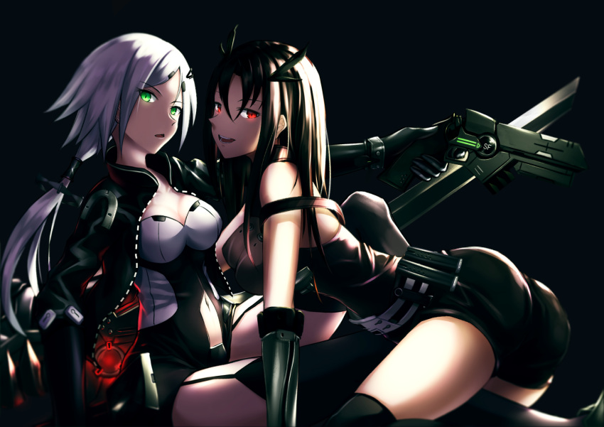 2girls black_hair breasts cleavage executioner_(girls_frontline) girls_frontline glowing glowing_eyes green_eyes gun handgun hunter_(girls_frontline) jacket lodbyy multiple_girls redhead sangvis_ferri sword weapon white_hair