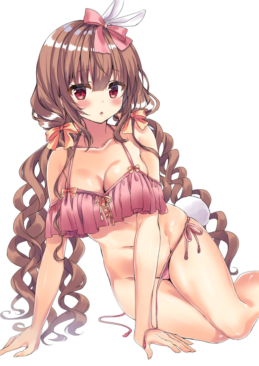 1girl animal_ears arm_support bangs bikini blush bow breasts bunny_tail chestnut_mouth cleavage collarbone commentary_request cross-laced_clothes curly_hair eyebrows_visible_through_hair fake_animal_ears frilled_bikini frills front-tie_bikini front-tie_top highres honoka_(1399871) light_brown_hair long_hair looking_at_viewer medium_breasts navel original pink_bikini pink_bow rabbit_ears red_eyes ribbon ringlets side-tie_bikini sidelocks simple_background solo swimsuit tail untied_bikini_bottom very_long_hair white_background yellow_ribbon