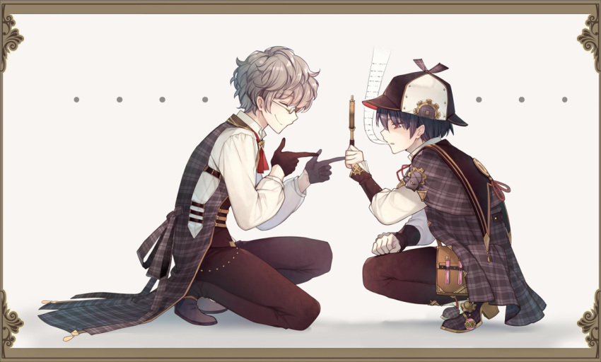 2boys achan_(blue_semi) brown_gloves brown_pants clenched_hand closed_eyes facing_another finger_gun frame glasses gloves grand_fantasia grey_hair hat john_watson_(grand_fantasia) looking_at_another magnifying_glass male_focus multiple_boys official_art pants pince-nez pipe plaid plaid_footwear pointing red_eyes sherlock_holmes_(grand_fantasia) simple_background smile squatting vial
